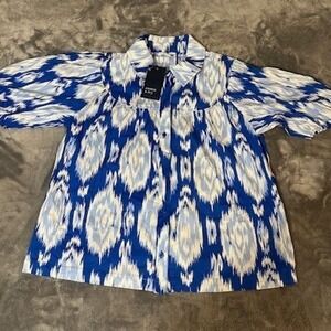Crown Ivy Blue White Ikat Print Button Front Blouse Top Womens Large Puff Sleeve